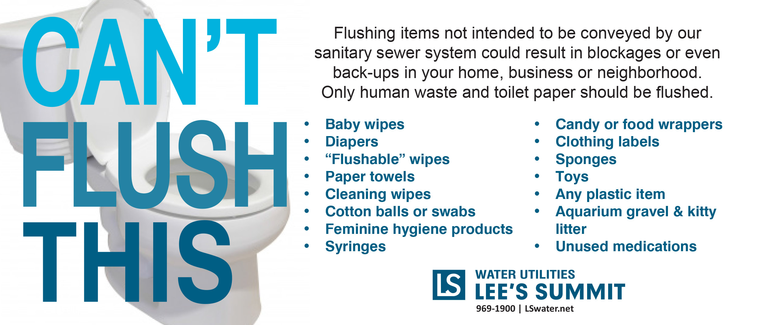 "Can't Flush This" flyer with a list of items that can't be flushed. An image of a toilet is in the background. 